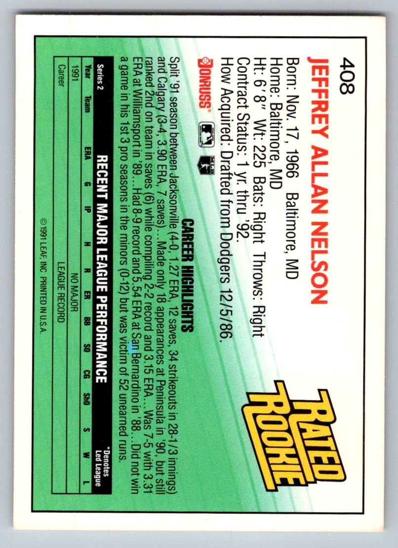 1992 Donruss – Jeff Nelson #408 (RC) Rated Rookie
