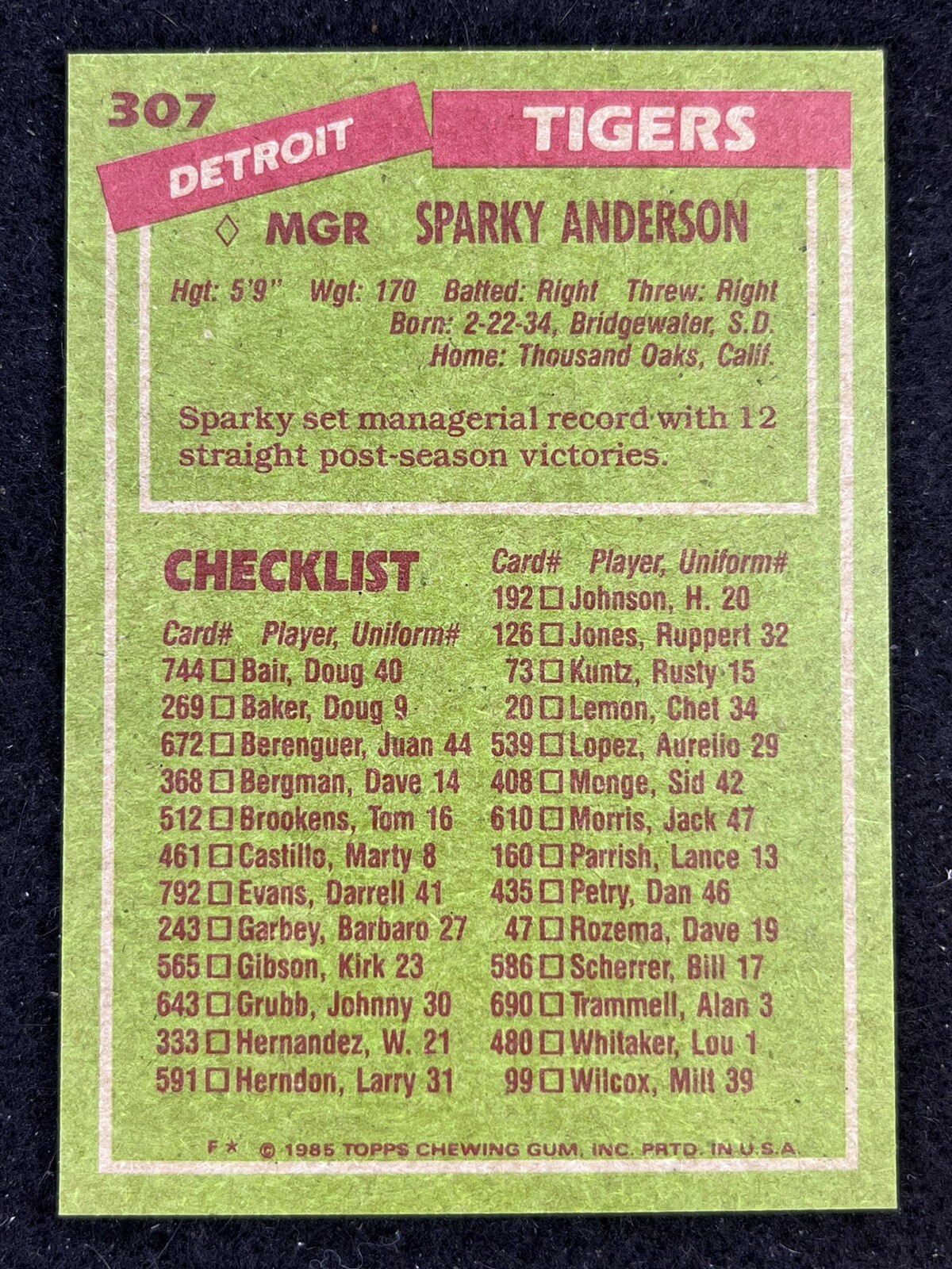 1985TOPPS- SPARKY ANDERSON #307 TIGERS