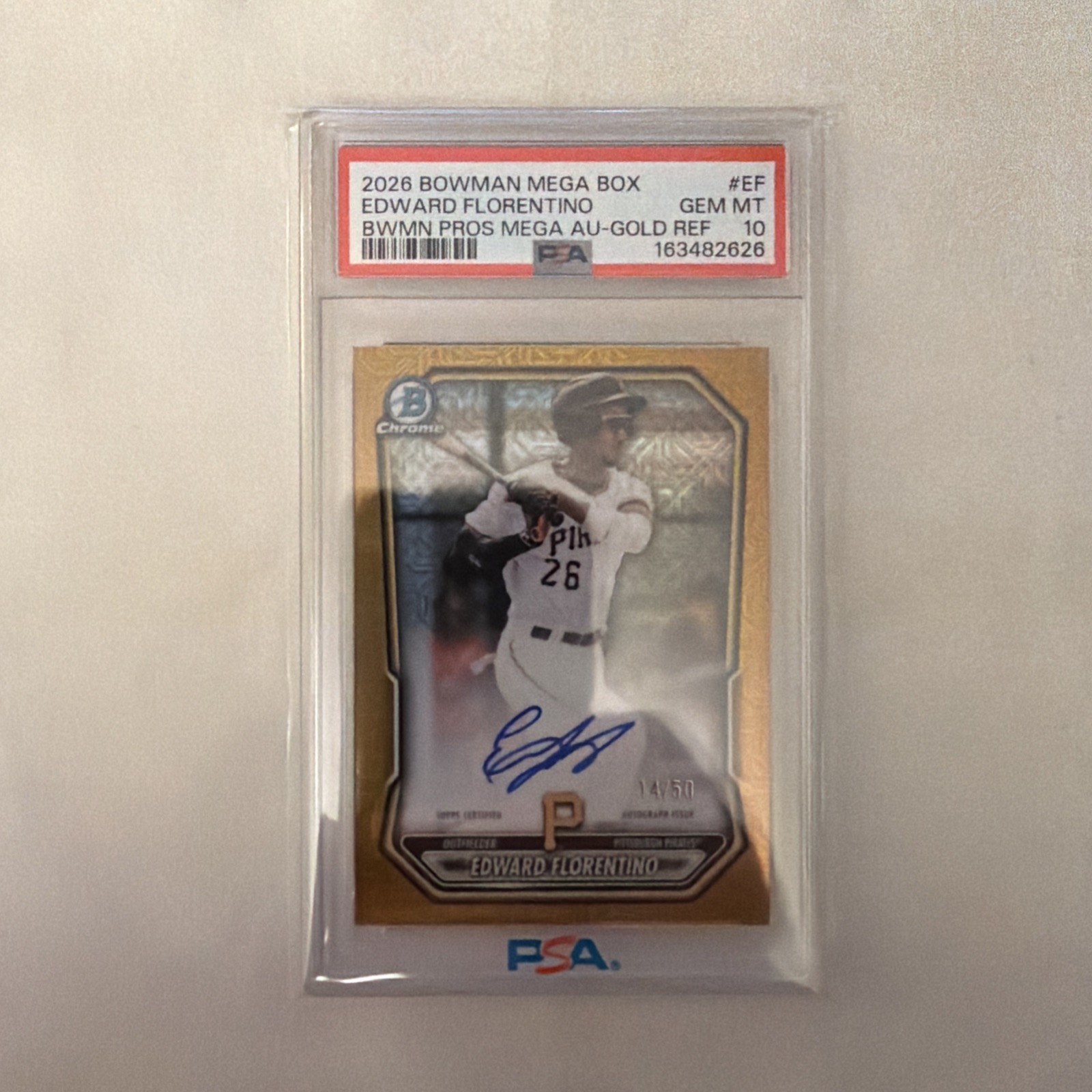 2026 Bowman Ch Edward Florentino Auto Pirates Gold Mojo 14/50 Color Match Pop 1