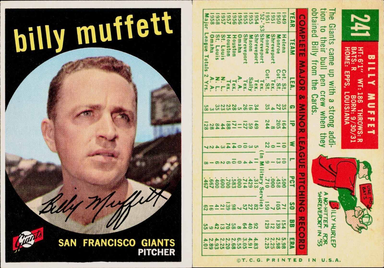 1959 Topps Baseball Card #241 Billy Muffett San Francisco Giants
