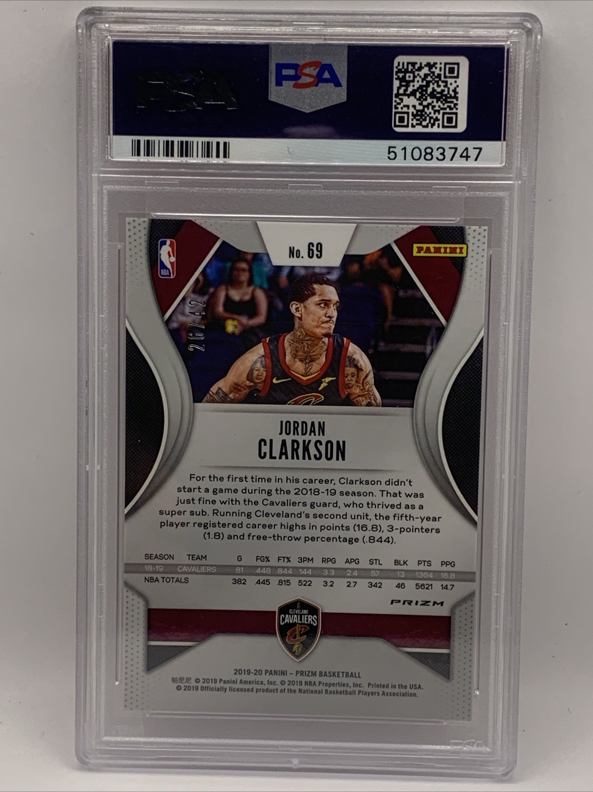 2019-20 Panini Prizm Jordan Clarkson #69 Pink Pulsar Prizm /42 Graded PSA 9
