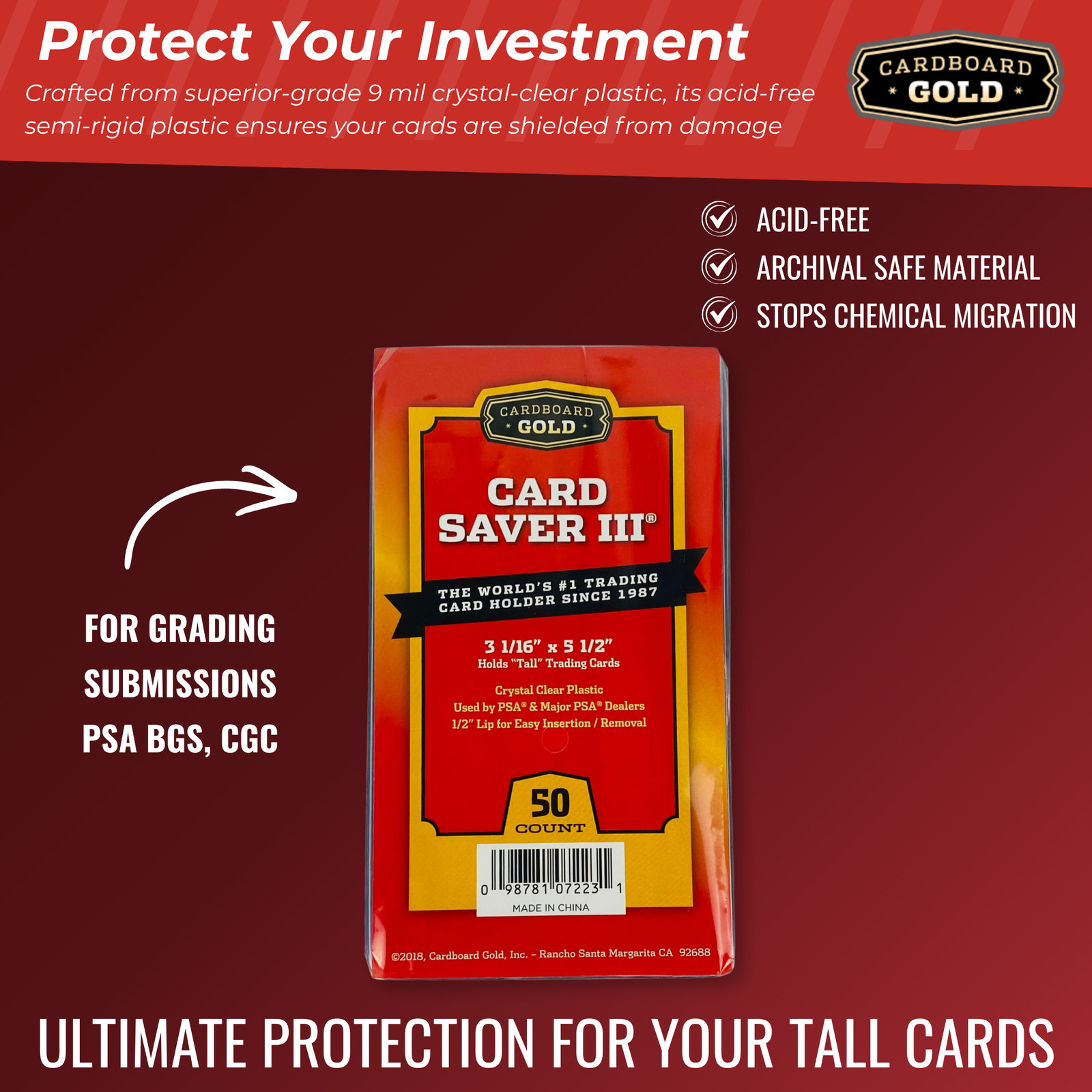 Cardboard Gold Card Saver 3 Tall Card Sleeves – 50ct Pack – Semi Rigid Card