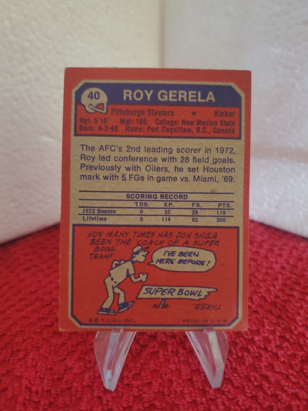 1973 Topps NFL Roy Gerela #40 Pittsburgh Steelers