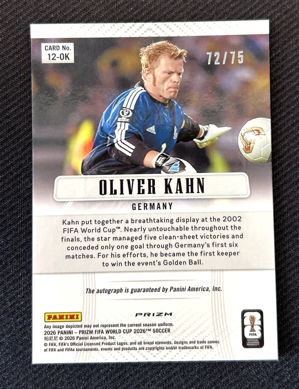 Oliver Kahn Auto /75 2026 Prizm World Cup 2012 Throwback Signatures Silver