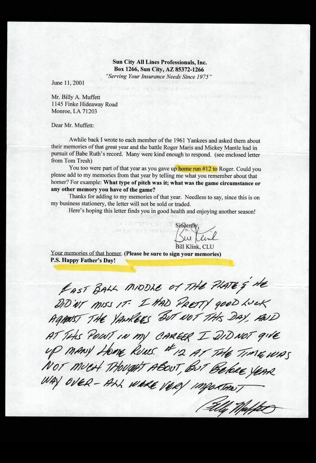 FAN LETTER RESPONSE – BILLY MUFFETT RE: MARIS 1961 HOMERUN CHASE, BAS CERTIFIED