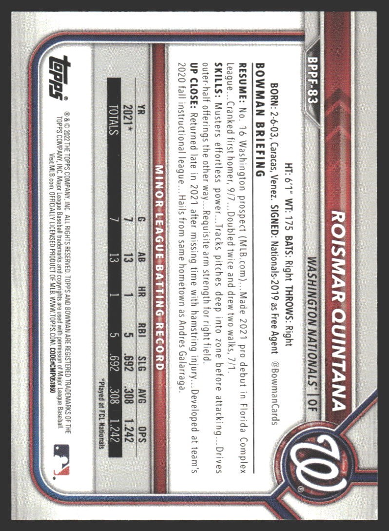 Roismar Quintana #BPPF-83 2022 Bowman 1st Edition Washington Nationals