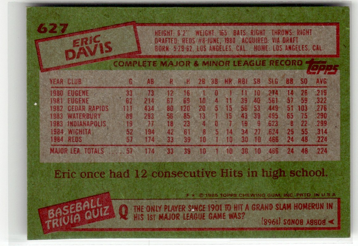 1985 Topps Eric Davis RC #627