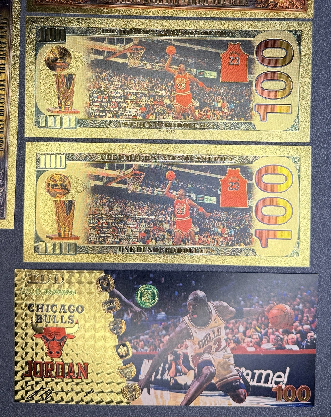 Michael Jordan 24k Gold Foil Banknotes w/ 1 Kobe Note – LOT of 5 In Top Loaders