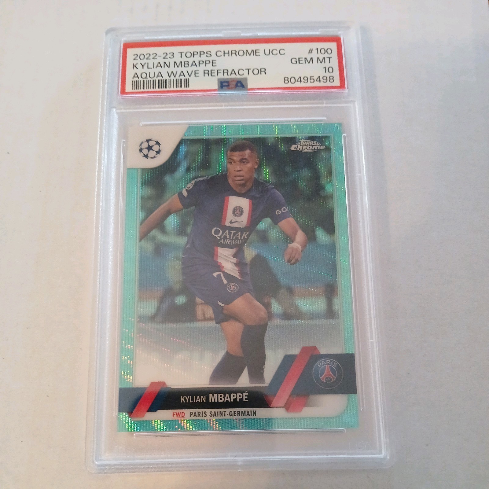 2022-23 TOPPS CHROME UEFA CLUB COMPETITIONS KYLIAN MBAPPE PSG AQUA WAVE PSA 10