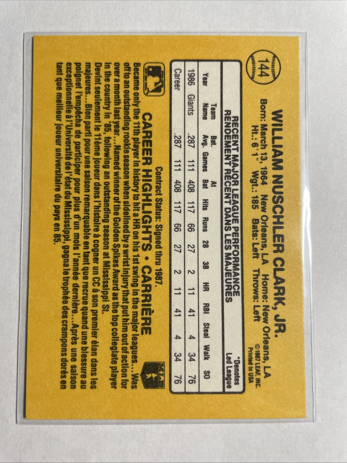 1987 Leaf – Will Clark #144 (RC)