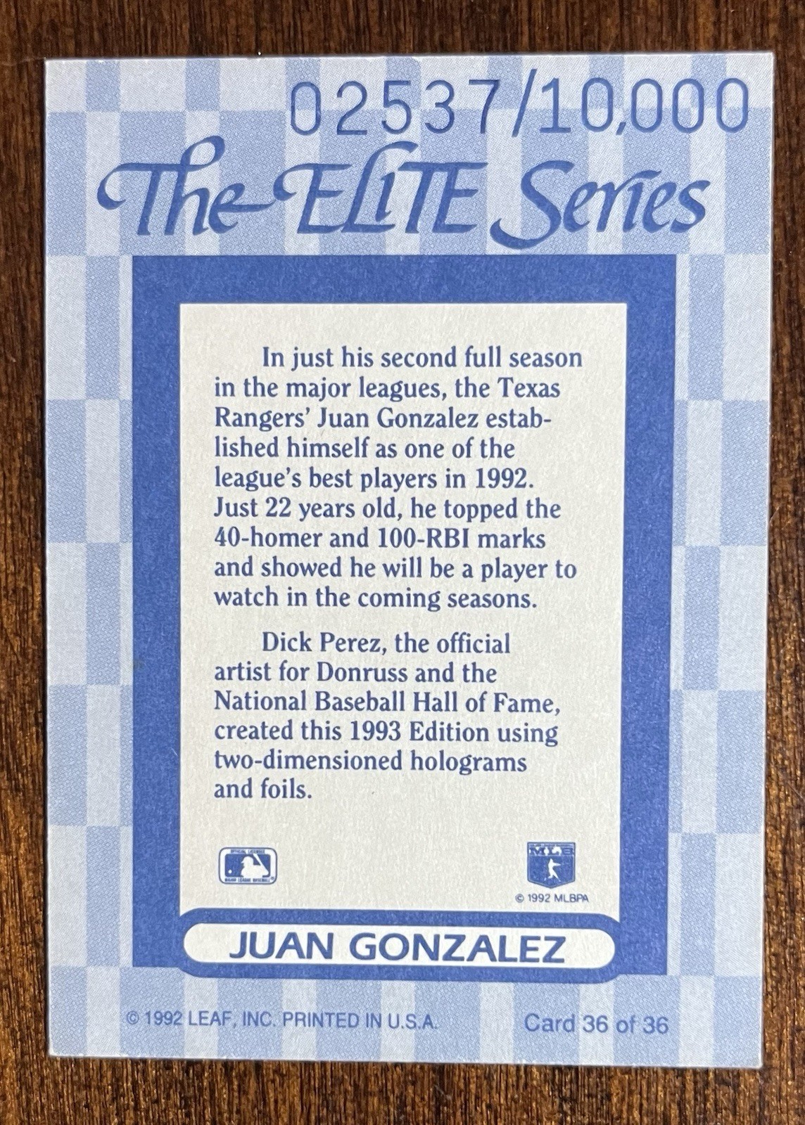 1993 Donruss Baseball Elite Series #36 Juan Gonzalez 2537/10,000 Free Shipping!