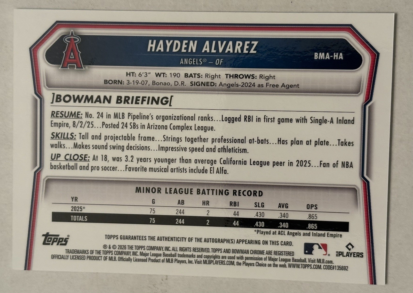 Topps 2026 Bowman Chrome Hayden Alvarez AUTO Mega Box BMA-HA mojo refractor LAA