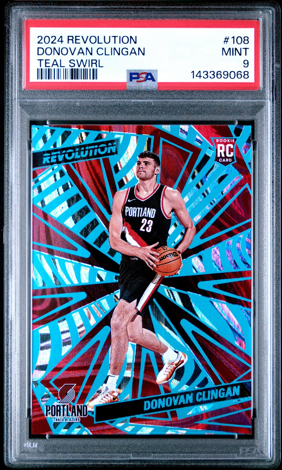 Donovan Clingan RC 2024 Revolution #108 Teal Swirl /49 PSA 9 Trailblazers