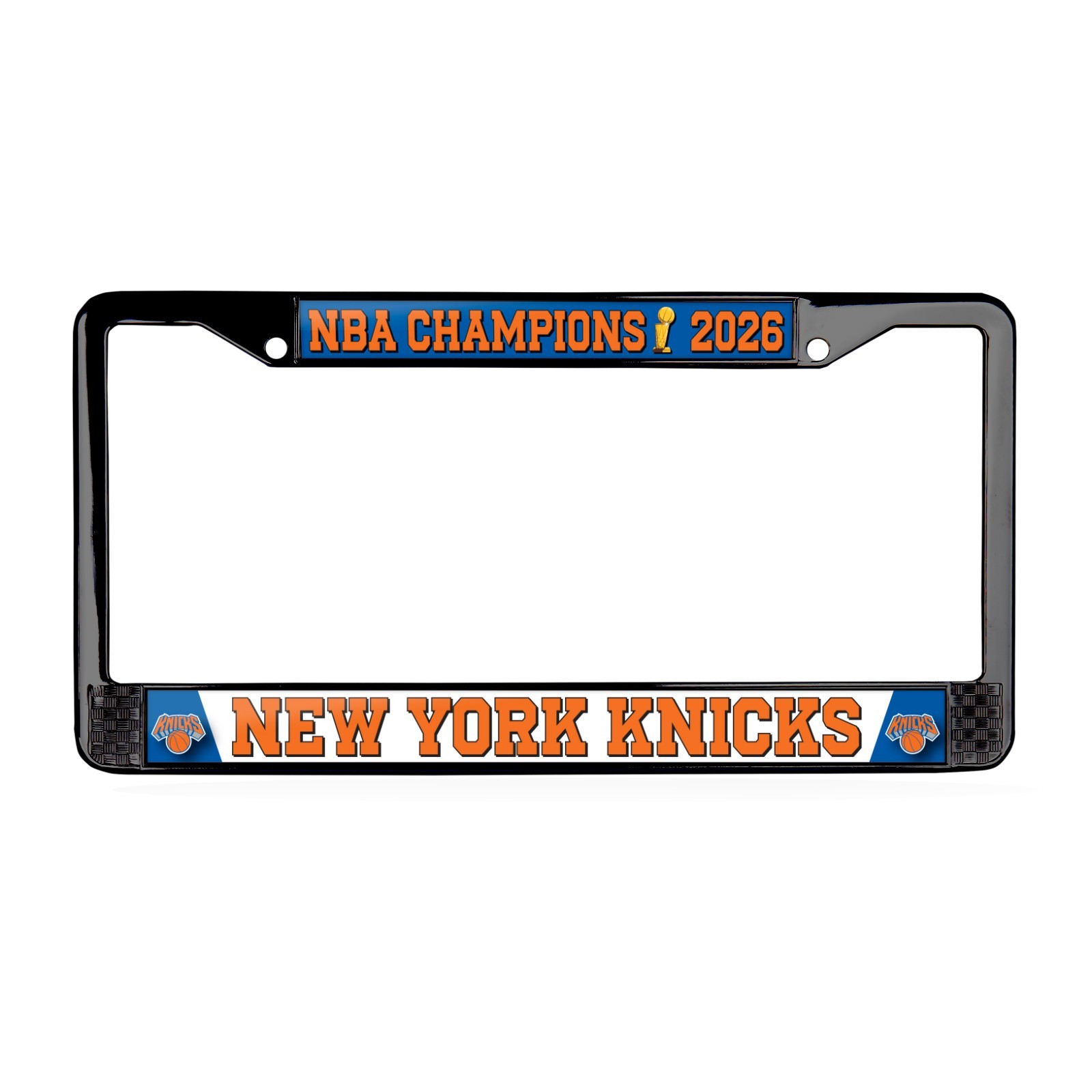 New York Knicks NBA 2026 Champs 3D Domed 2-Hole Black Metal License Plate Frame
