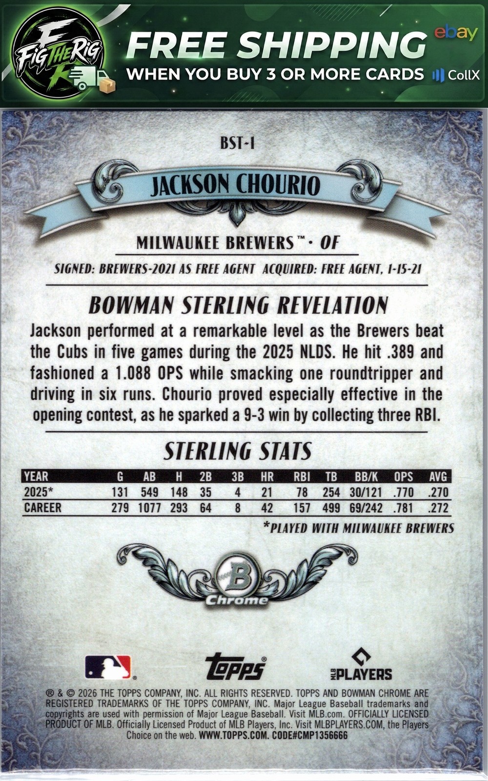 2026 Bowman #BST-1 Jackson Chourio Bowman Sterling Mojo Refractors