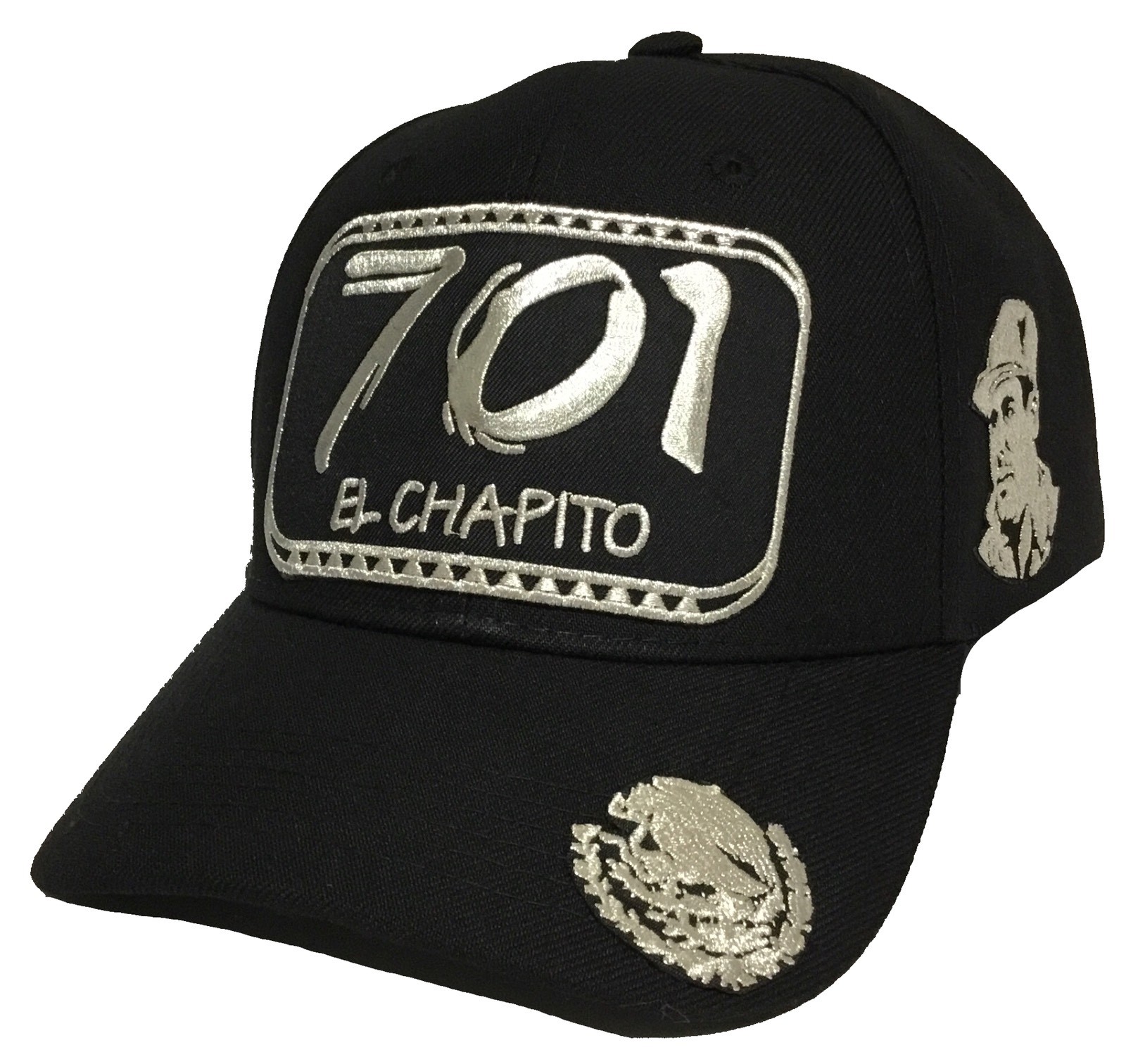 EL CHAPITO 701 CHAPO A LADO ÁGUILA EN LA VICERA 3 LOGOS SILVER HAT BLACK ADJTE