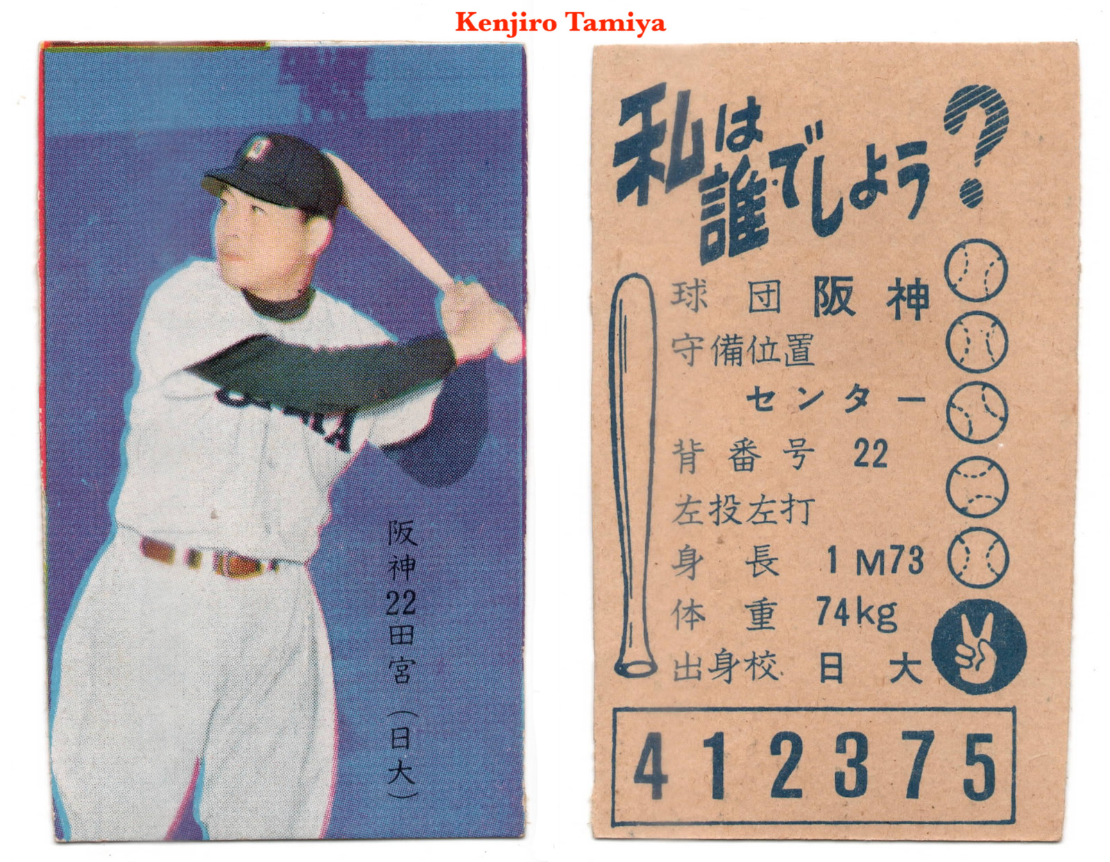 1958 JCM54 ‘Who Am I?’ Baseball MENKO Card~ KENJIRO TAMIYA ~2-way Japanese HOFer