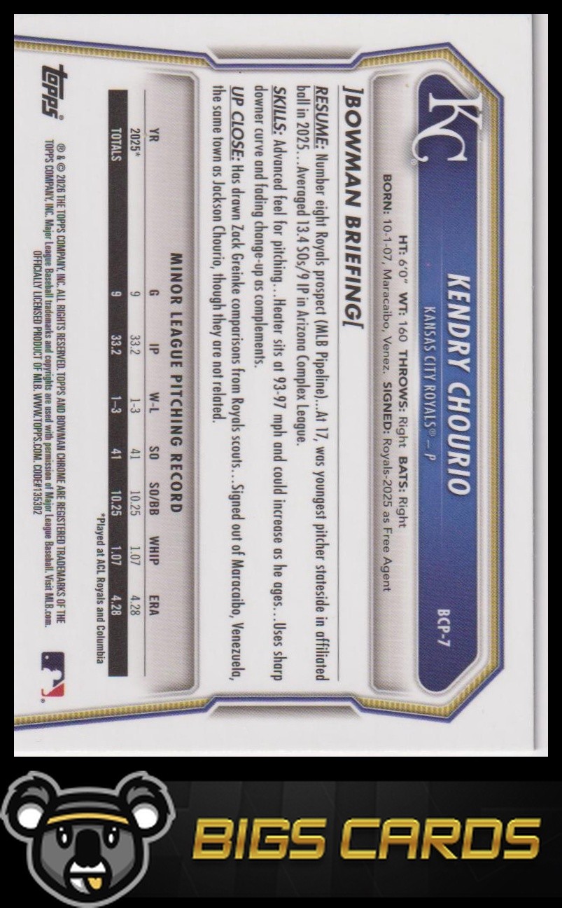 2026 Bowman #BCP-7 Kendry Chourio Chrome Prospects Green Refractor #/99