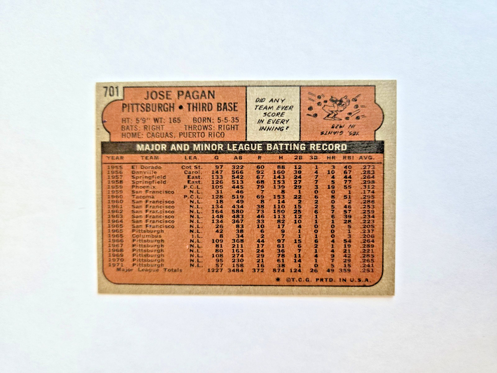 JOSE PAGAN 1972 TOPPS BASEBALL CARD #701 PITTSBURGH PIRATES HIGH NUMBER