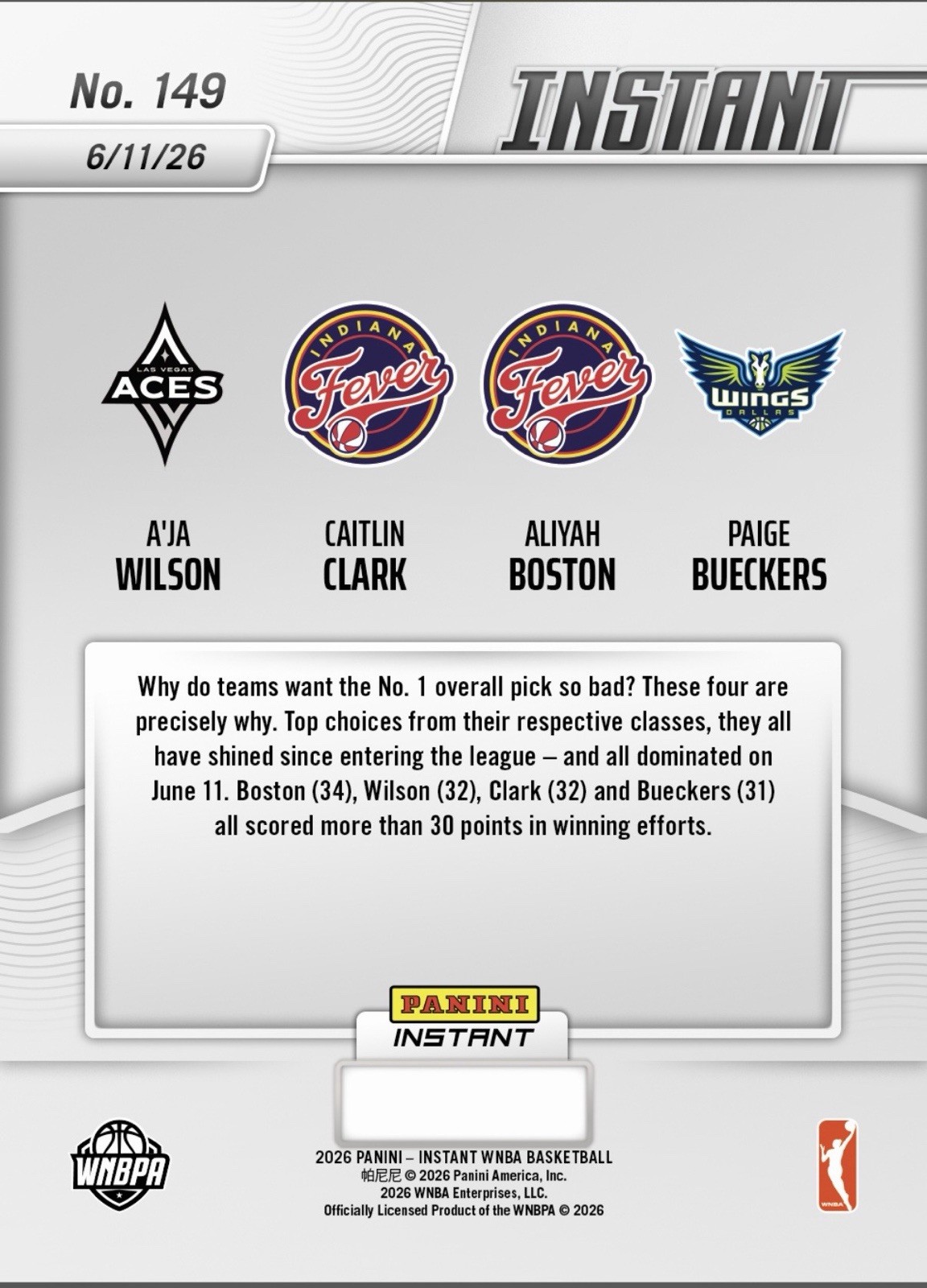 2026 Panini Instant WNBA #149 Wilson Caitlin Clark Fever Boston Bueckers PRESALE