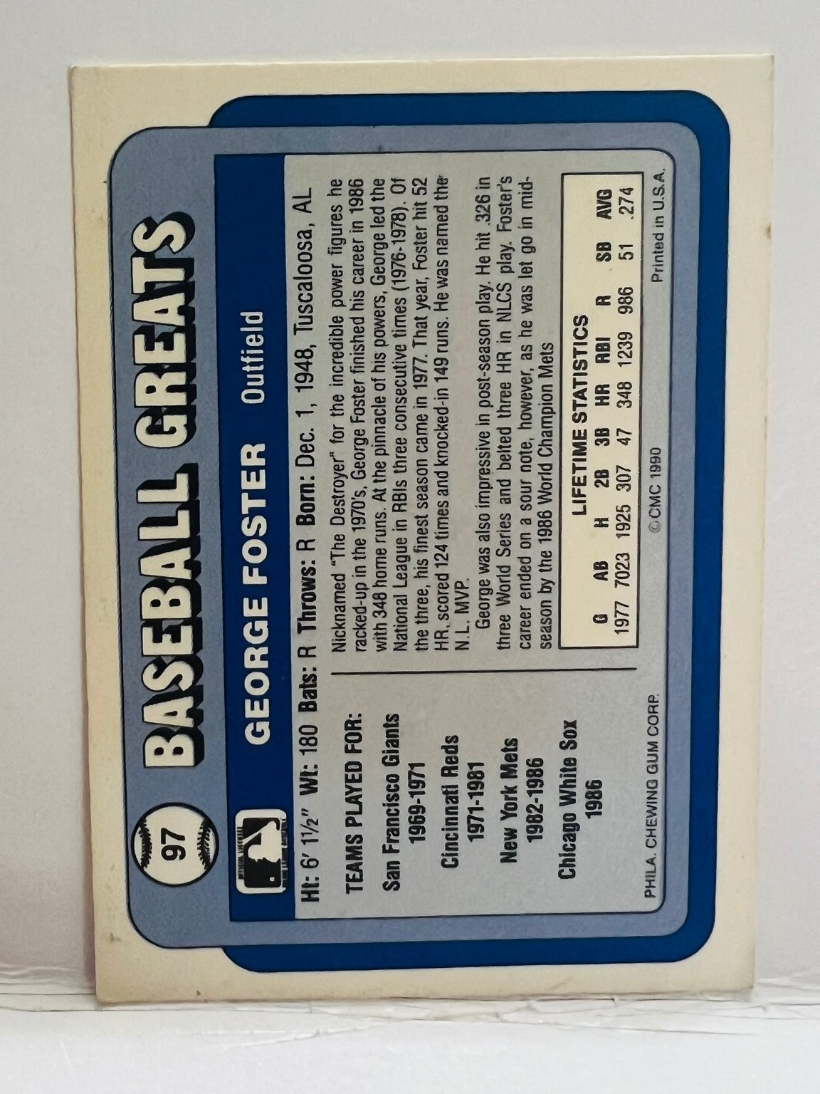 George Foster Cincinnati Reds 1990 Baseball Greats Swell #97