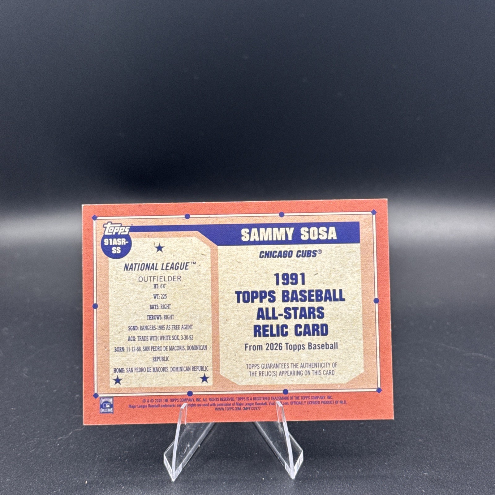 2026 Topps Series 2 Sammy Sosa 1991 All Star Bat Relic #91ASR-SS Cubs