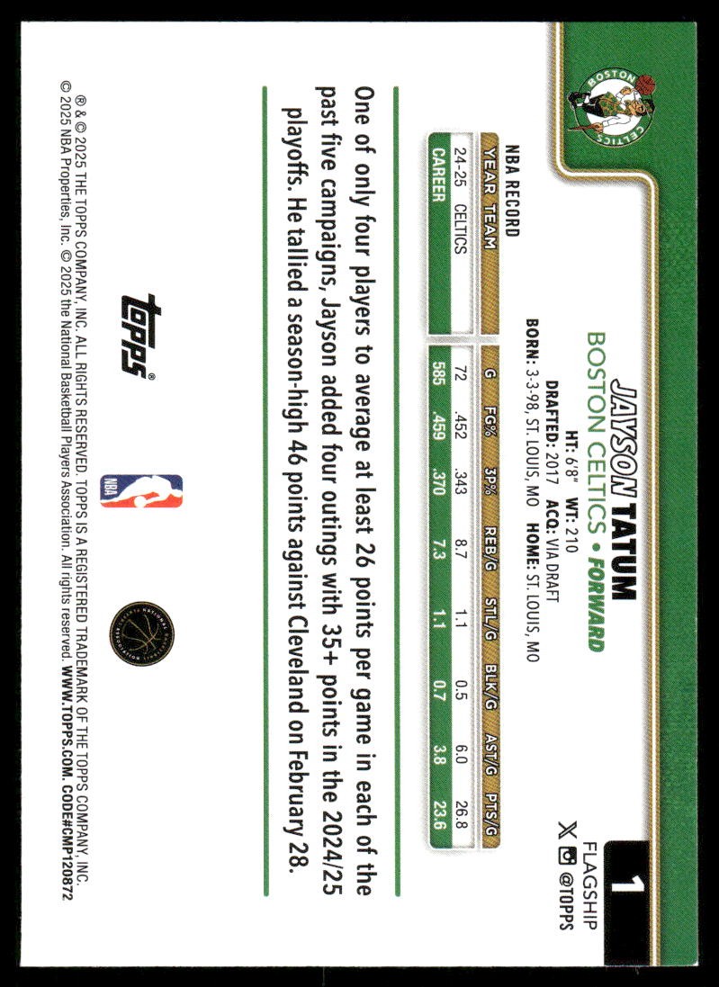 2025-26 Topps #1 Jayson Tatum Rainbow Foilboard
