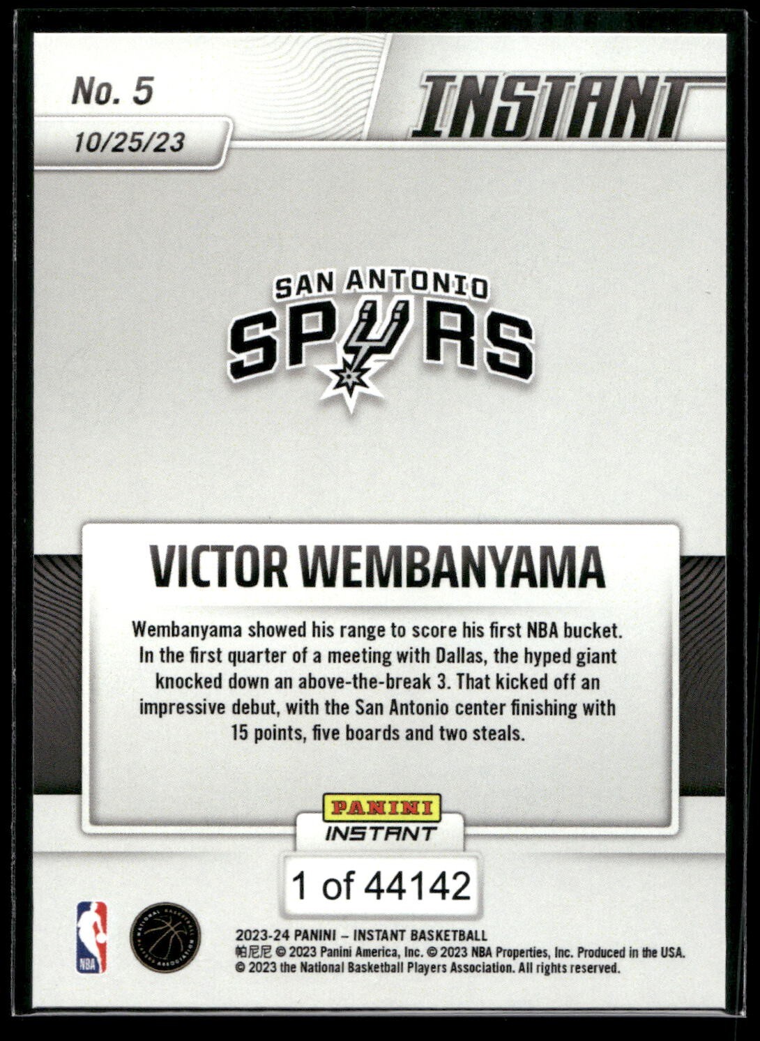 2023-24 Panini Instant Victor Wembanyama ROOKIE CARD 1/44142 SP Spurs #5 RC 🔥