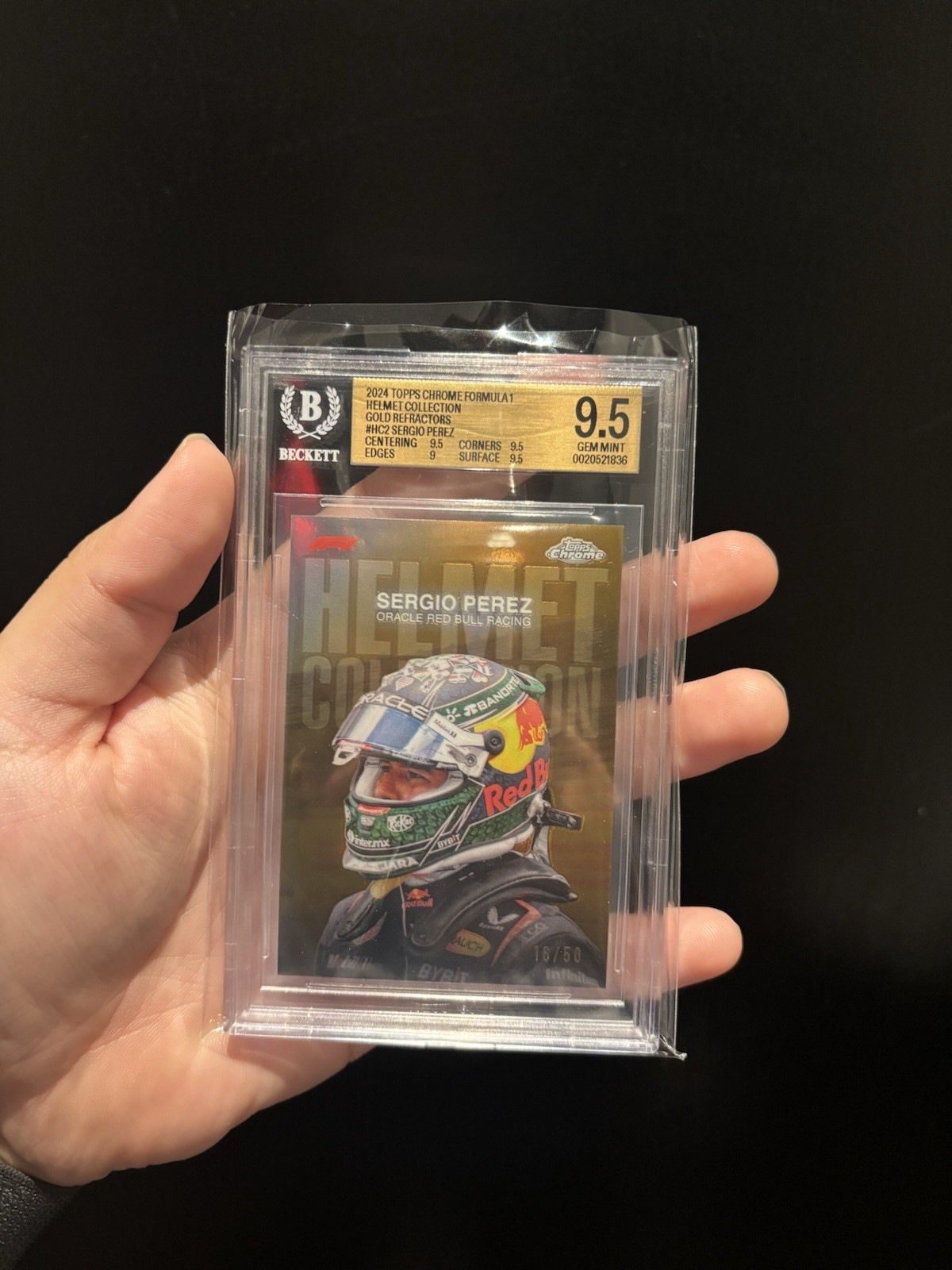2024 Topps Chrome F1 Sergio Perez Helmet Collection Gold /50 BGS 9.5