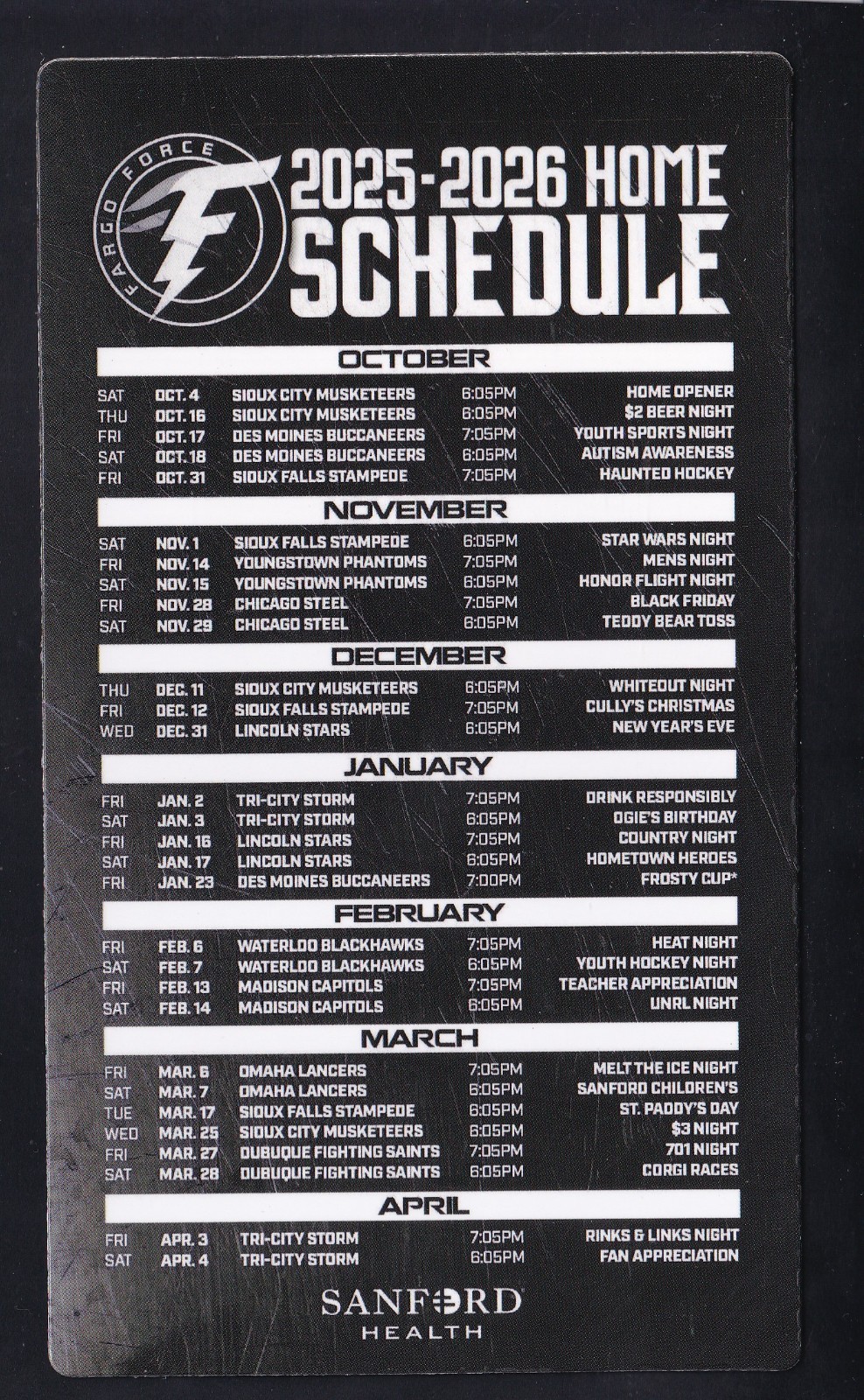 2025-26 Fargo Force Magnet Schedule Sanford Health USHL