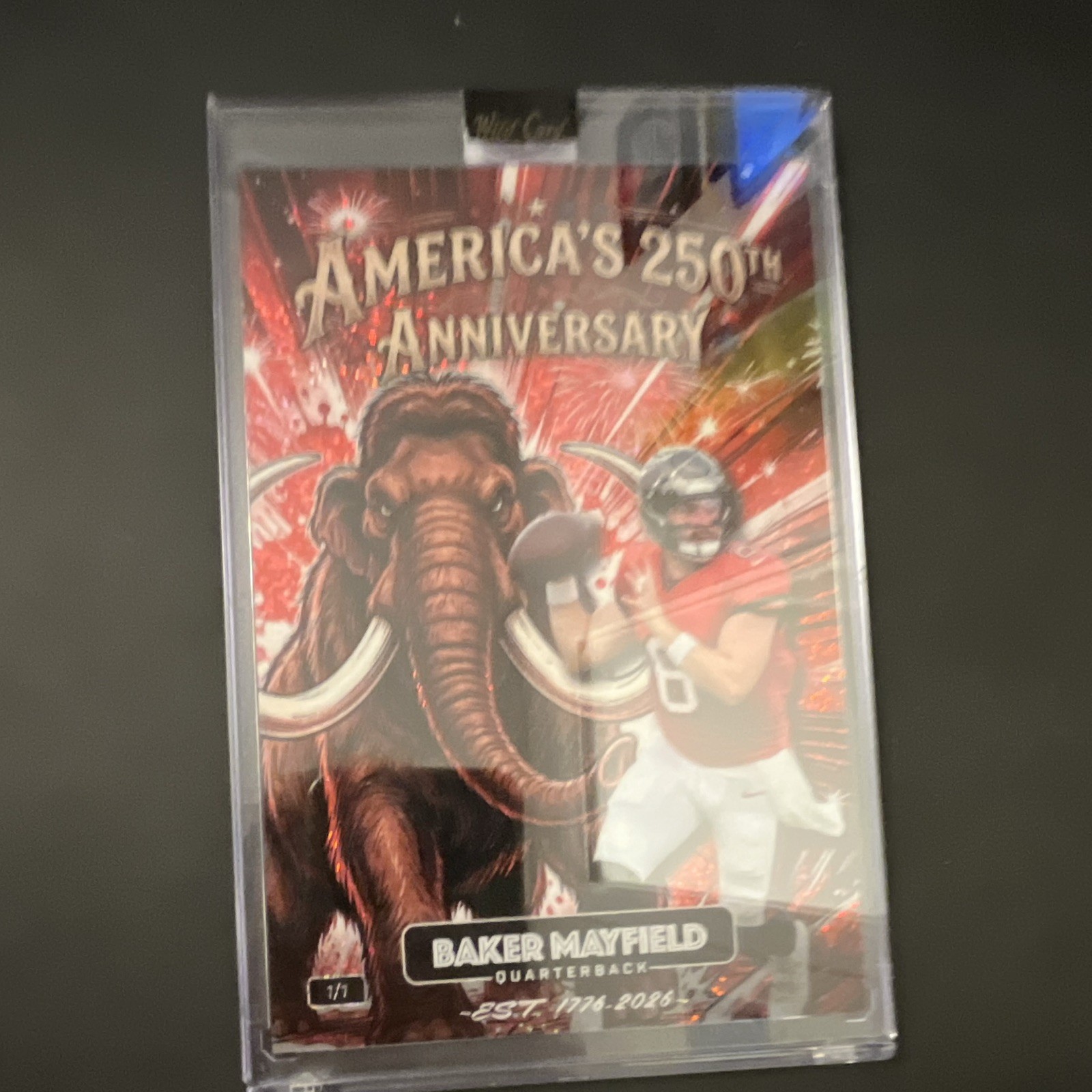 Wild Card America’s 250th Anniversary Dino-Might 1/1 Mayfield and Achane 2024