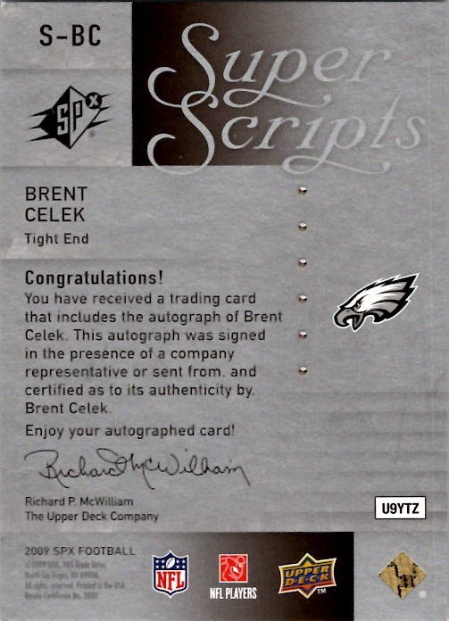2009 SPX BRENT CELEK Philadelphia Eagles Superscripts AUTO Insert MINT