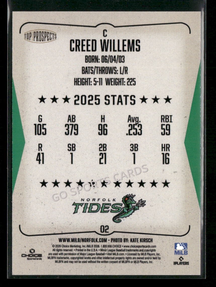 2026 AAA Top Prospects Norfolk Tides Creed Willems RC Rookie Orioles