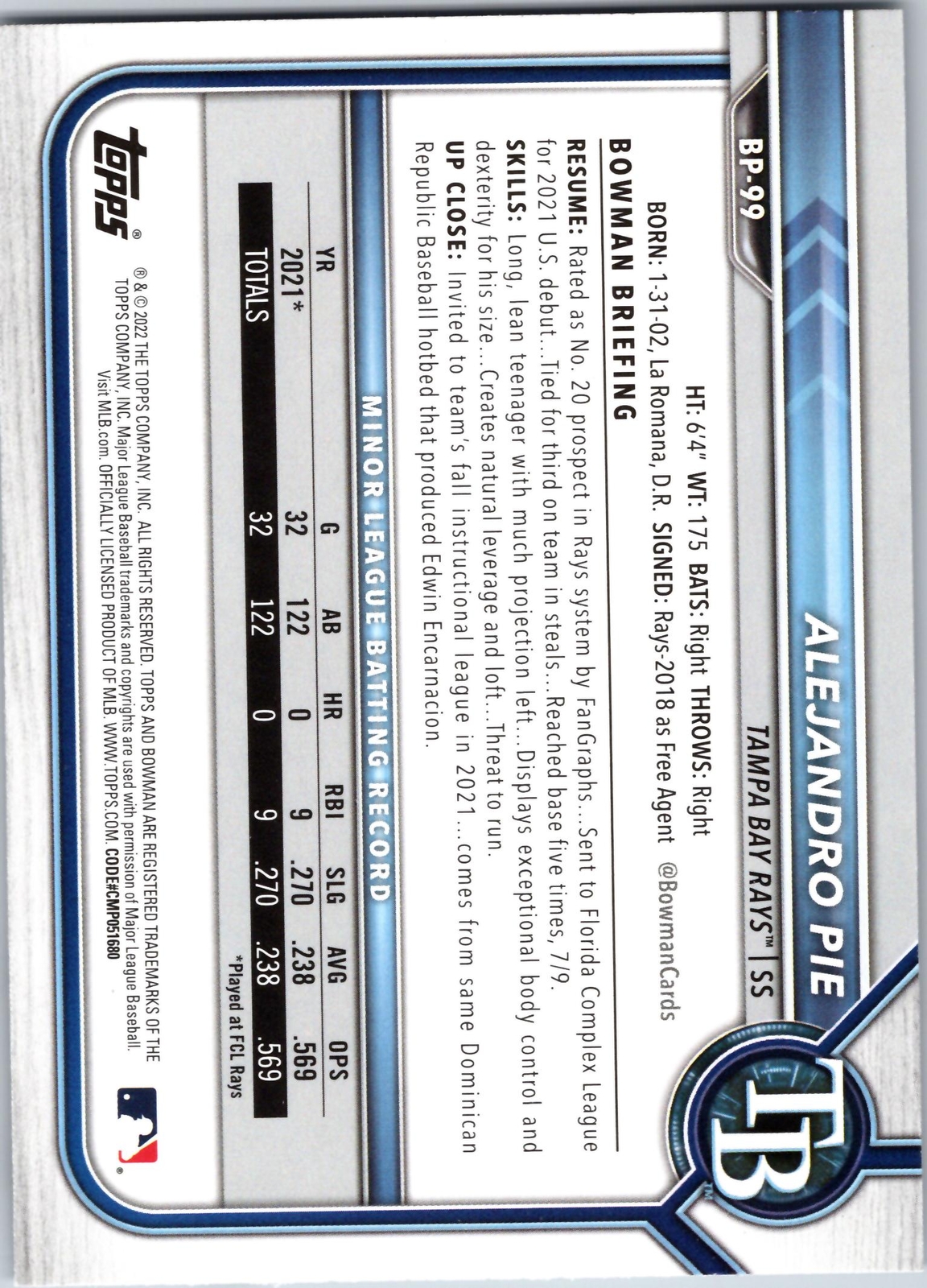 2022 Bowman 1st Edition #BPPF-99 Alejandro Pie