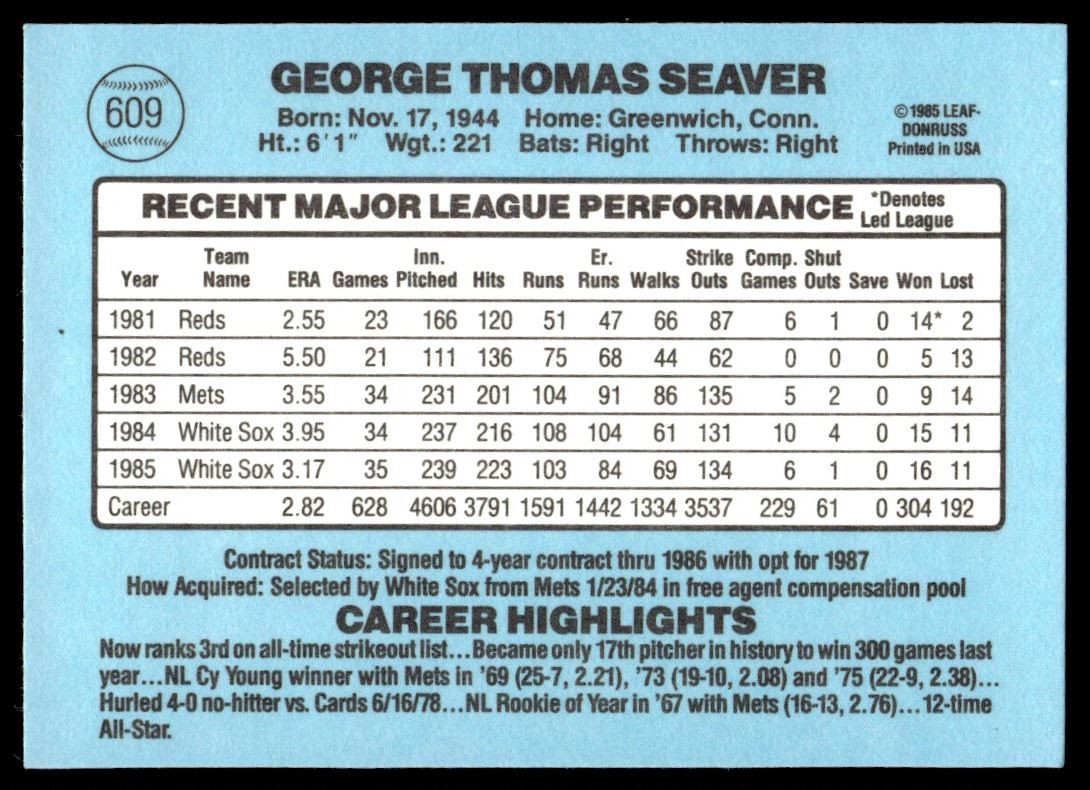 1986 Donruss Tom Seaver #609