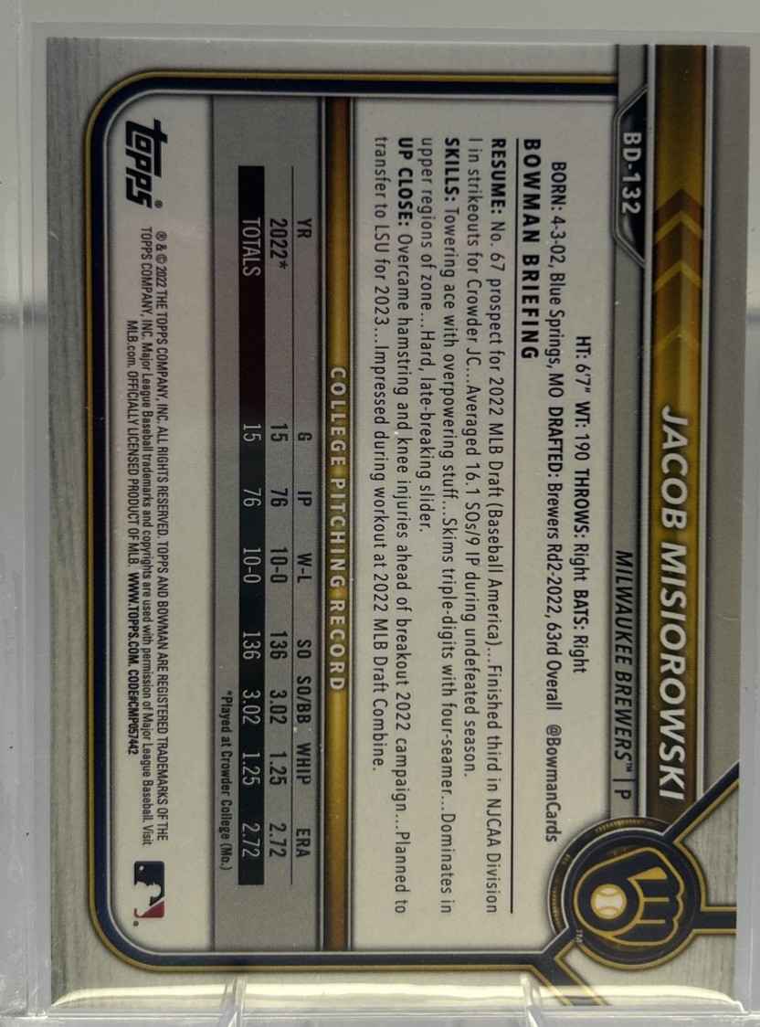 Jacob Misiorowski Blue Foil 2022 Bowman 1st Milwaukee Brewers