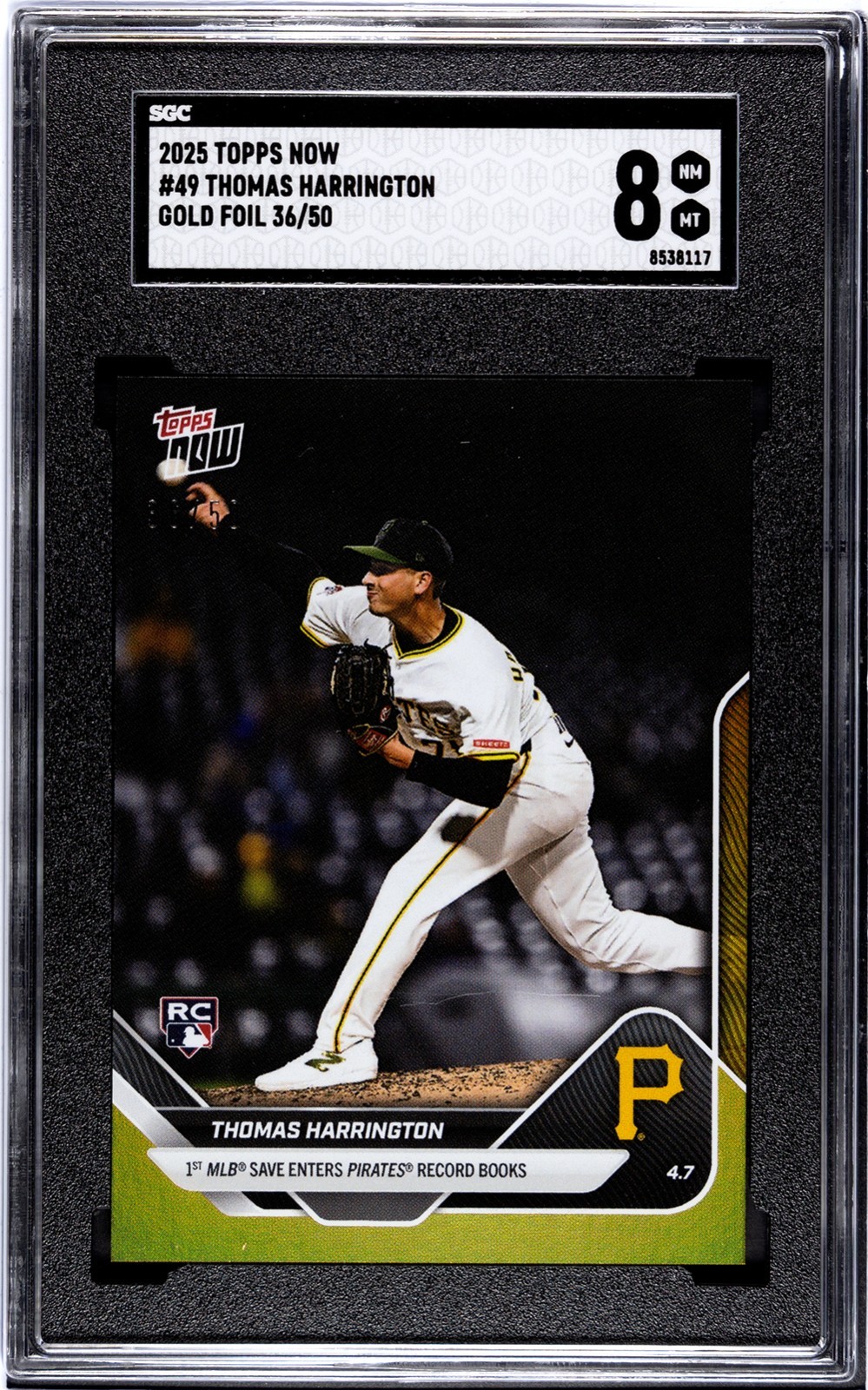 Thomas Harrington RC Pirates 2025 Topps NOW Card 49 Gold Foil #/50 SGC 8