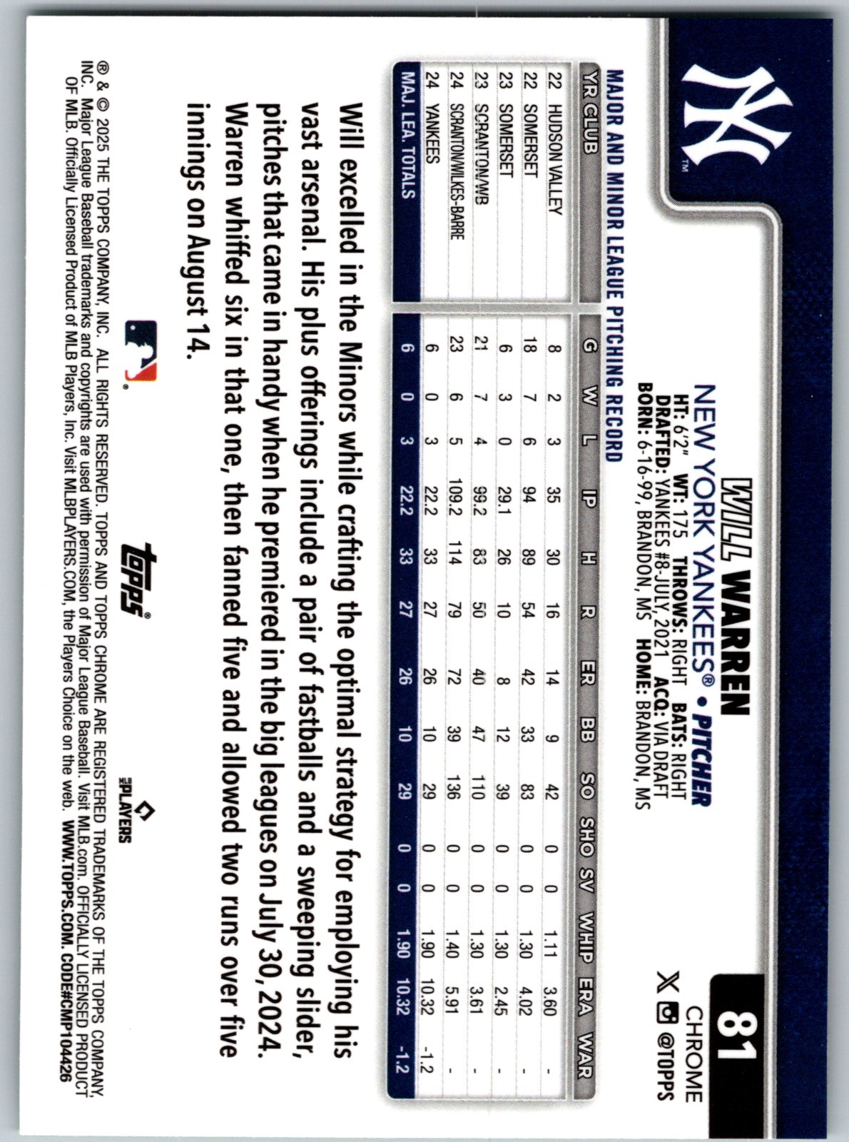 2025 Topps Chrome Will Warren RC Green RayWave Refractor /99 #81 Yankees