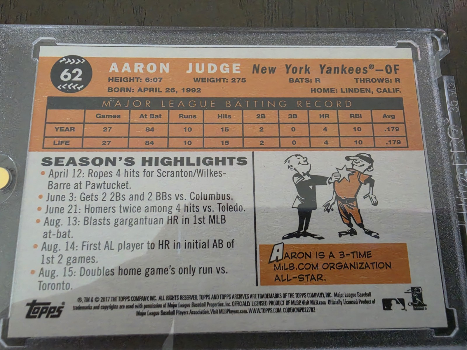 🔥 2017 TOPPS ARCHIVE BASEBALL AARON JUDGE RC ROOKIE CARD #62 CLEAN MVP 🔥