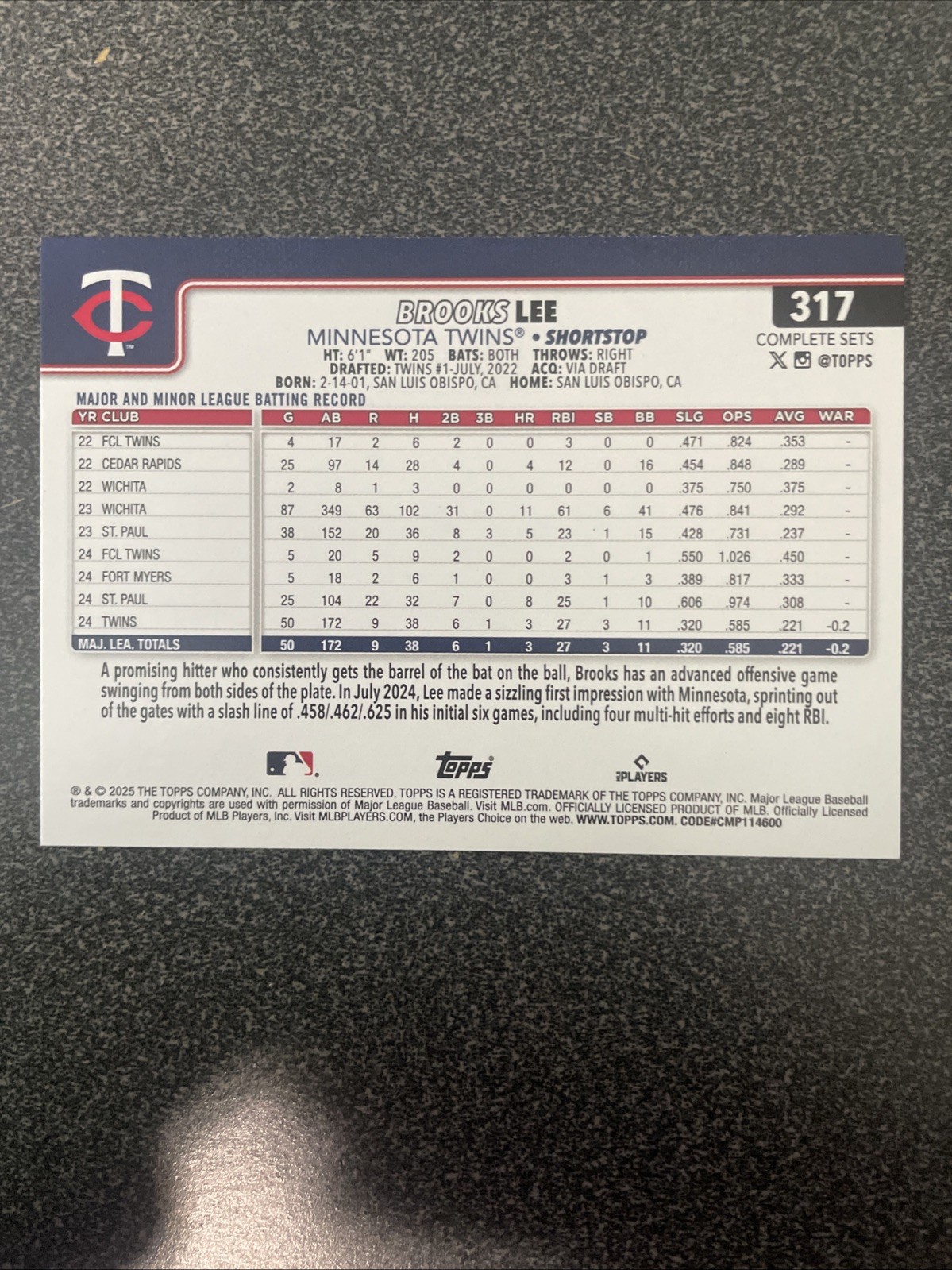 2025 Topps Factory Complete Set Image Variation SP Brooks Lee RC #317 QTY