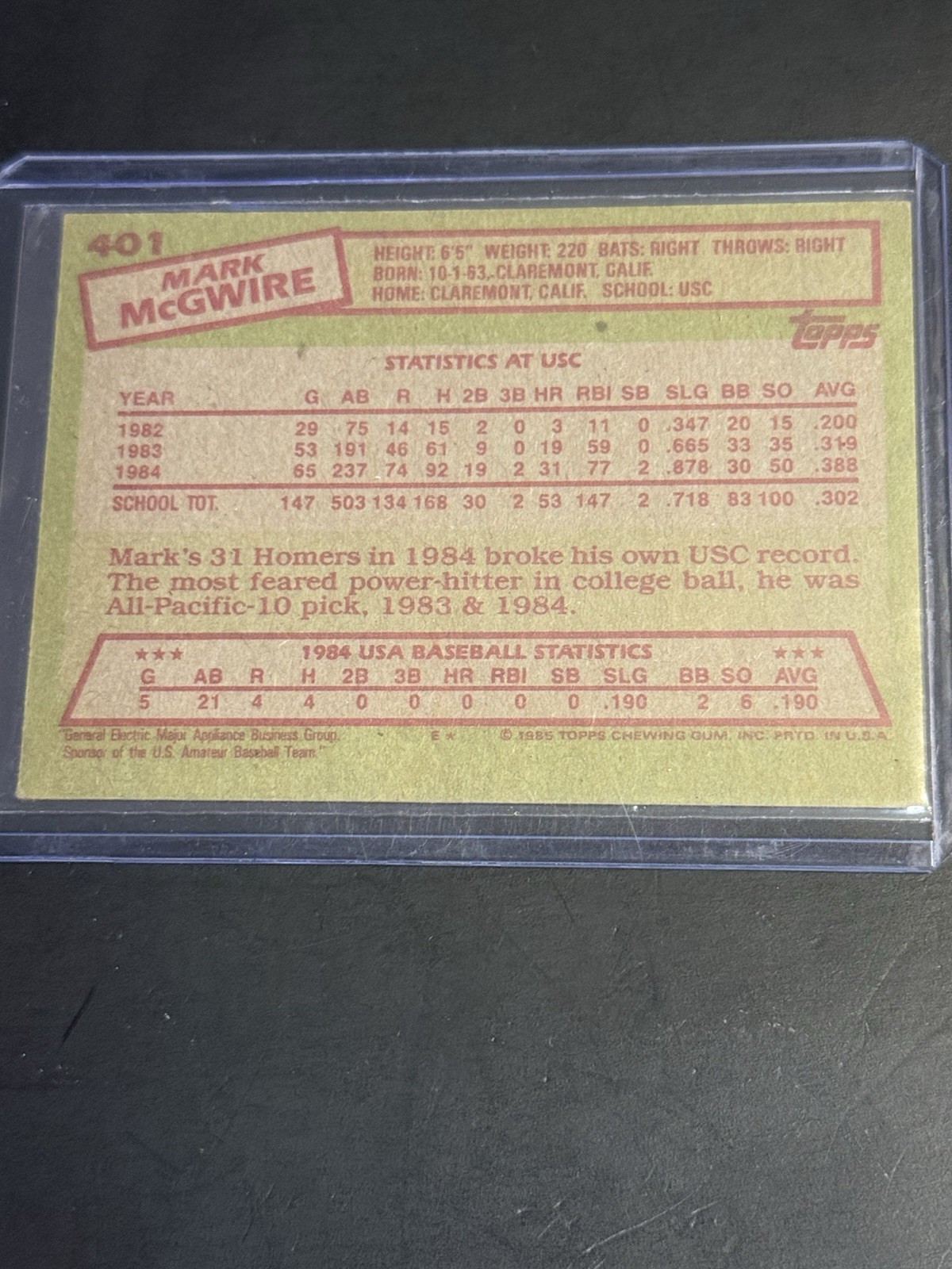 Topps 1985 Mark McGwire Rookie #401 USA Baseball United States Base Set