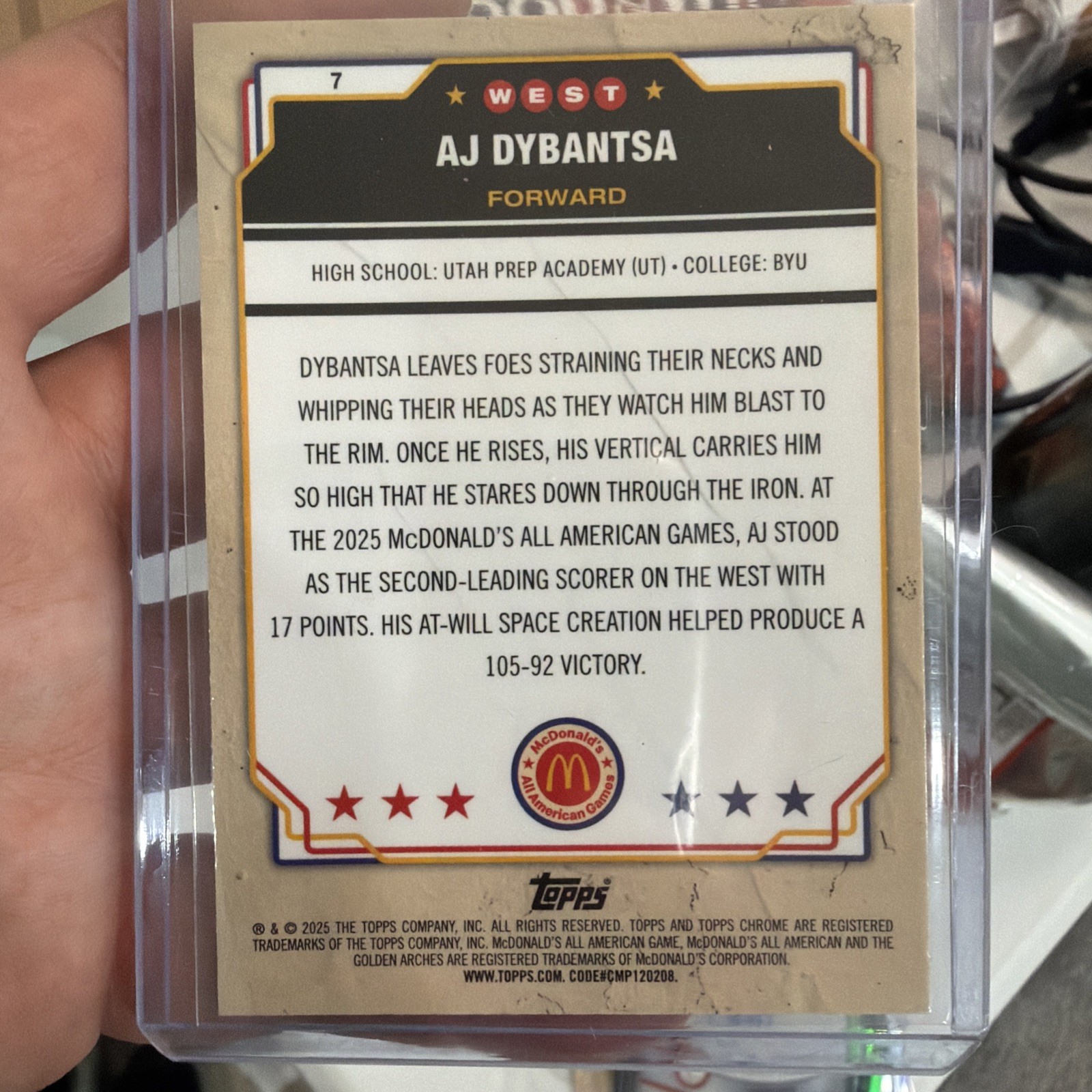 #1 Draft Pick 2025 Mcdonald’s All American AJ Dybantsa #7 RayWave Refractor (RC)