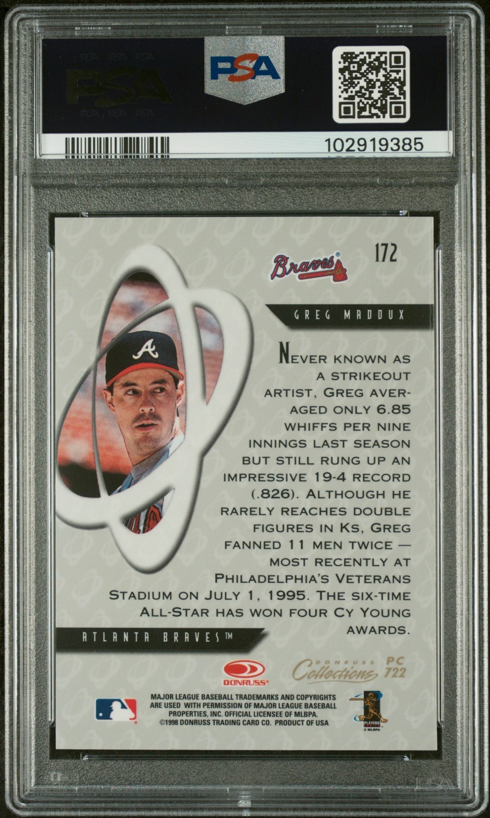 1998 DONRUSS PREFERRED PRIZED COLLECTIONS #722 GREG MADDUX PR55 PSA 9 MINT NO 10