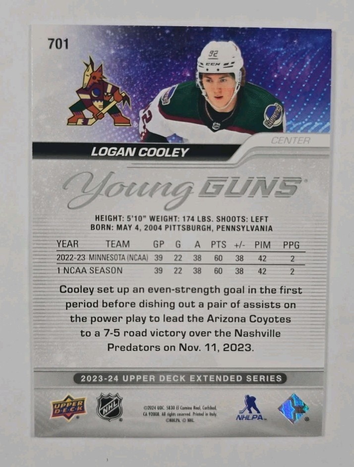 Logan Cooley RC 2023-24 Upper Deck Extended Series Young Guns Rookie