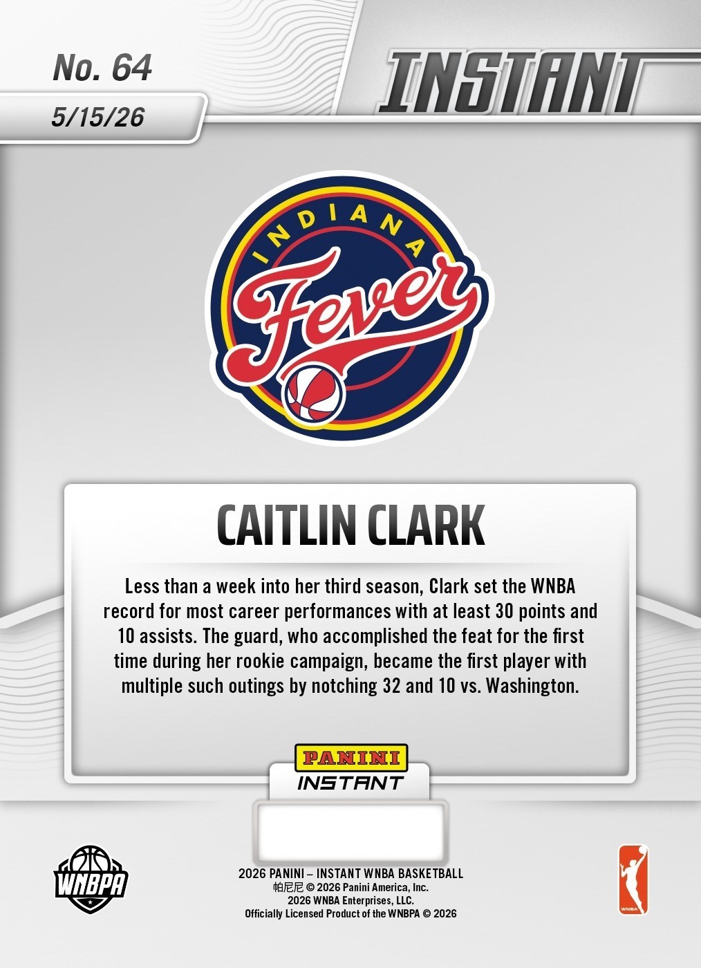 2026 Panini Instant WNBA #64 Caitlin Clark Indiana Fever – Presale