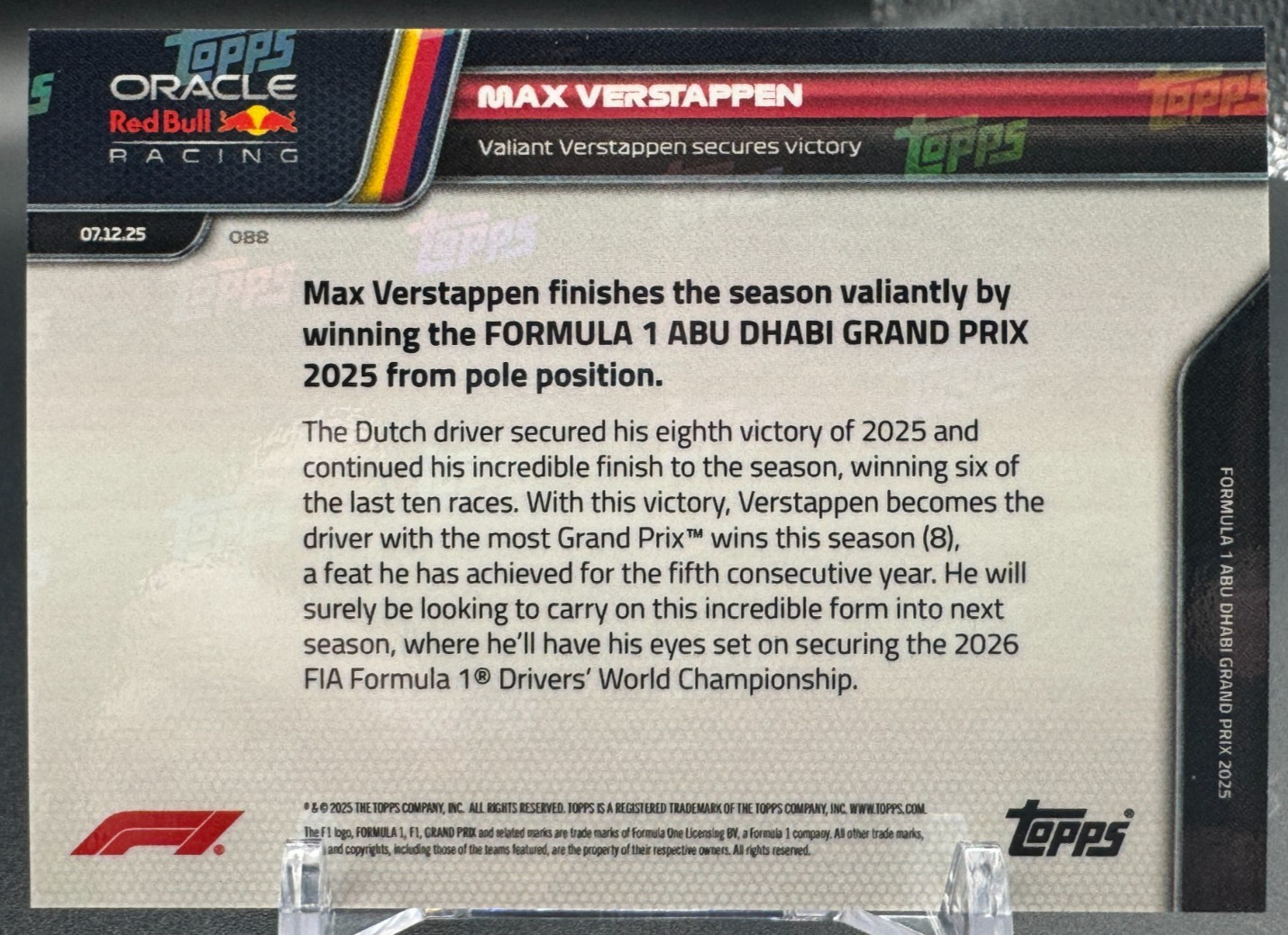 2025 Formula 1 F1 Topps Now MAX VERSTAPPEN #88 Secures Valiant Victory