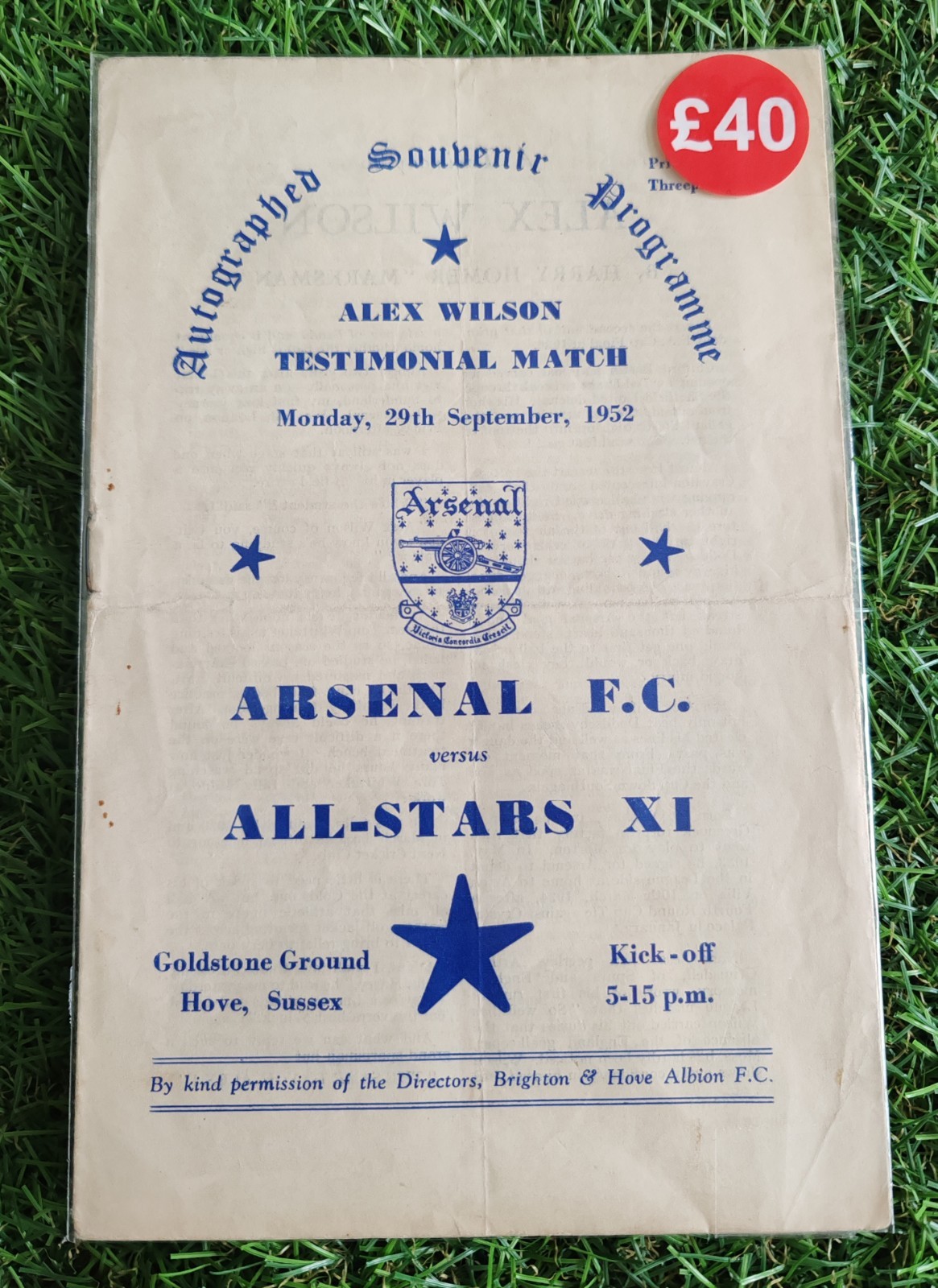 1952/53 @ Brighton. All Stars Vs Arsenal Wilson Test Football Programme Rare
