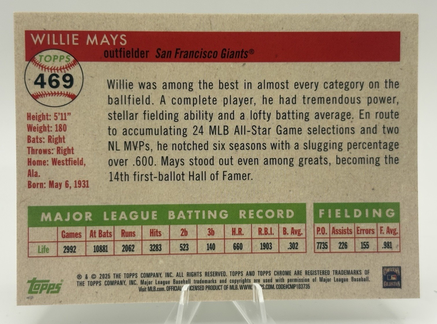 2025 Topps Chrome Platinum Willy Mays Gold /50 Vibrations Refractor #469