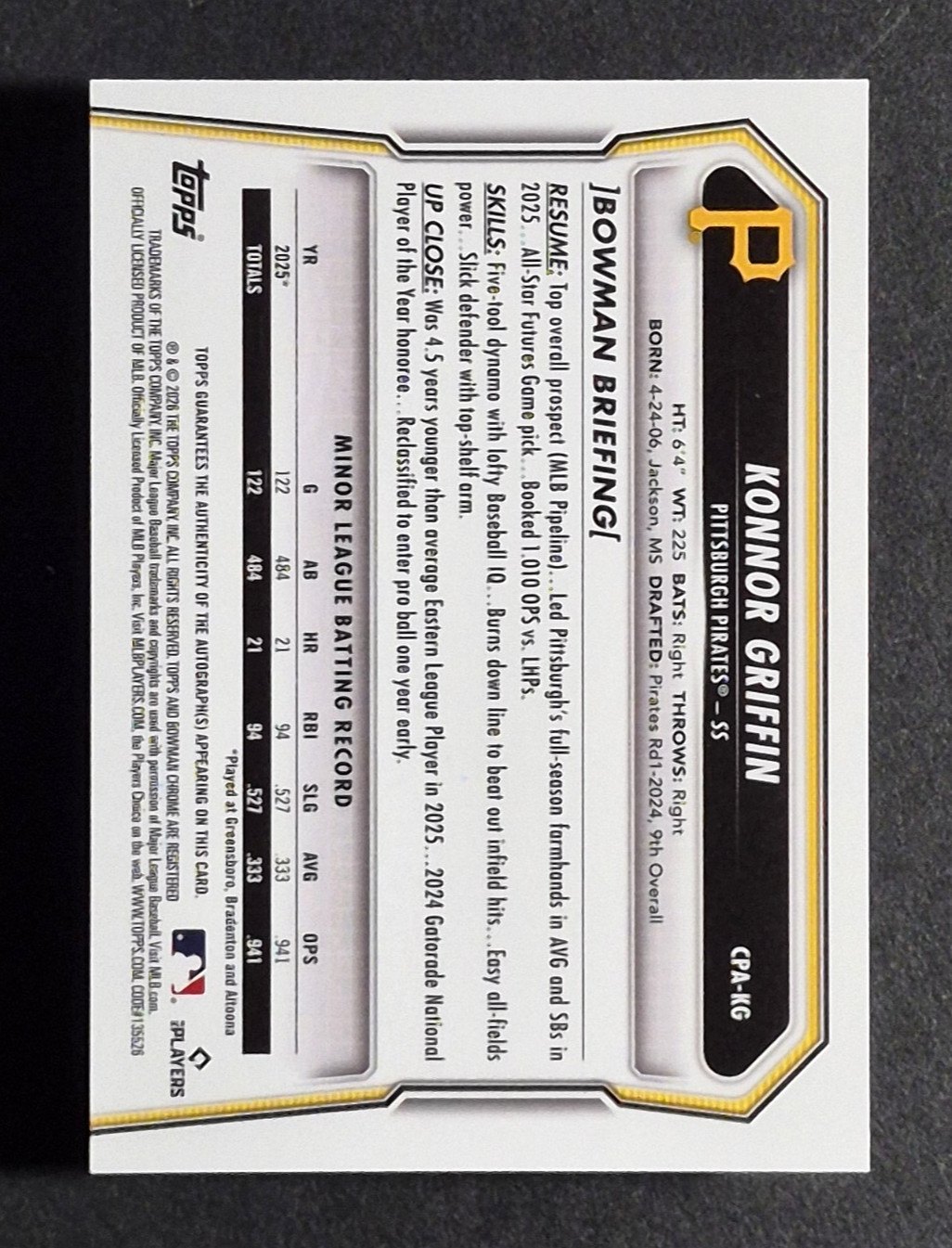 2026 Bowman Konnor Griffin CHROME PROSPECT AUTO RC GREEN /99 AUTOGRAPH, Centered