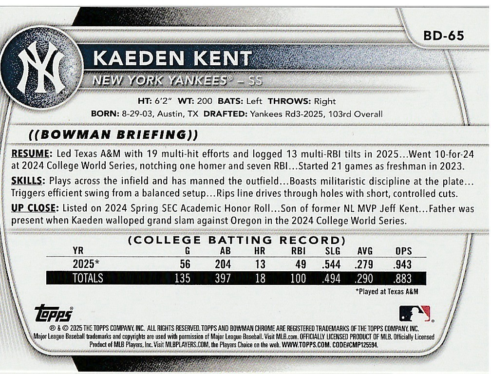 Kaeden Kent New York Yankees 2025 Bowman Draft 1st Bowman ****